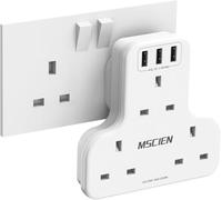Mscien Plug Extension Socket with 3 USB, 3 Way Plug Adapter UK without cable, Compact Socket Extender, 13A/3250W