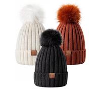 MSDC Beanie Hats for Women 3 Pack with Pom Pom, Bobble Hat Women Fashion Knit Warm Skull Cap, Winter Hats for Women for Cold Weather(Black+White+Dark Orange)