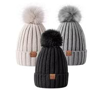 MSDC Beanie Hats for Women 3 Pack with Pom Pom, Bobble Hat Women Fashion Knit Warm Skull Cap, Winter Hats for Women for Cold Weather(Black+Oatmeal+Gray)