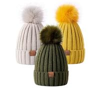 MSDC Bobble Hats for Women 3 Pack - Warm Skull Cap with Pom Pom, Winter Hats for Cold Weather (Oatmeal + Army Green + Yellow)