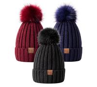 MSDC Bobble Hats for Women - 3 Pack with Pom Pom, Knit Warm Skull Cap, Winter Hats for Cold Weather (Black + Navy + Burgundy)
