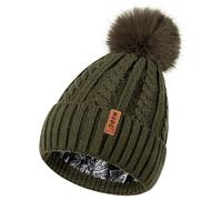 MSDC Satin Lined Beanie for Women with Pom Pom, Warm Womens Winter Hats with Silk Lined, Fashionable Knit Beanie Skull Cap, Army, One Size