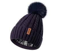 MSDC Satin Lined Beanie for Women with Pom Pom, Warm Womens Winter Hats with Silk Lined, Fashionable Knit Beanie Skull Cap, Navy, One Size