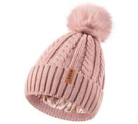 MSDC Satin Lined Beanie for Women with Pom Pom, Warm Womens Winter Hats with Silk Lined, Fashionable Knit Beanie Skull Cap, Pink, One Size