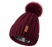 MSDC Satin Lined Beanie for Women with Pom Pom, Warm Womens Winter Hats with Silk Lined, Fashionable Knit Beanie Skull Cap, Burgundy, One Size