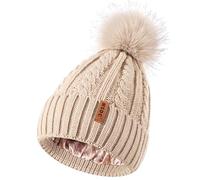 MSDC Satin Lined Beanie for Women with Pom Pom, Warm Womens Winter Hats with Silk Lined, Fashionable Knit Beanie Skull Cap, Oatmeal, One Size