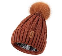 MSDC Satin Lined Beanie for Women with Pom Pom, Warm Womens Winter Hats with Silk Lined, Fashionable Knit Beanie Skull Cap, Dark Orange, One Size