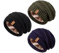 MSDC Satin Lined Slouchy Beanie Hat Women 3 Pack, Winter Hats for Men Women Oversized Knit Warm Thick for Cold Weather(Black + Army Green + Navy)