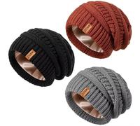 MSDC Satin Lined Slouchy Beanie Hat Women 3 Pack, Winter Hats for Men Women Oversized Knit Warm Thick for Cold Weather(Black + Dark Grey + Dark Orange)