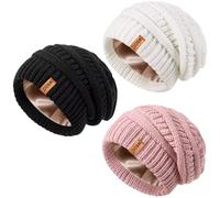 MSDC Satin Lined Slouchy Beanie Hat Women 3 Pack, Winter Hats for Men Women Oversized Knit Warm Thick for Cold Weather(Black + White + Pink)