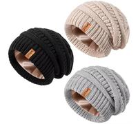 MSDC Satin Lined Slouchy Beanie Hat Women 3 Pack, Winter Hats for Men Women Oversized Knit Warm Thick for Cold Weather(Black+Oatmeal+Light Grey)