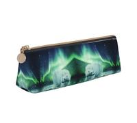 MSDXJQ Northern Lights Bear Cute Leather Triangular Pencil Case,Premium Smooth Zipper Durable Metal Puller,Full-Print Designer Stationery Organizer for School Office