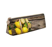 MSDXJQ One Basket Lemons Print Stylish Leather Triangle Pen Case â€“ All-Over Print, Cross Patterned Leather, Compact and Versatile Pen Pouch
