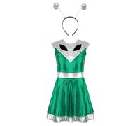 MSemis Girls Alien Fancy Dress Halloween Space Man Cosplay Outfits Metallic Dress with Alien Hair Hoop Set Silver 15-16 Years
