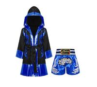 MSemis Kids Boys Boxer Cosplay Costume 2 Pcs Metallic Boxing Robe and MMA Shorts Set Boxer Uniform Outfit Blue 11-12 Years