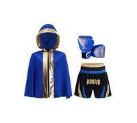 MSemis Kids Boys Boxer Costume Muay Thai Martial Arts Boxing Performance Outfits for Halloween Carnival Blue Gold 9-10 Years