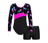 MSemis Kids Girls Metallic Printed Ballet Dance Outfit Long Sleeve Gymanstics Jumpsuit with Shorts Set Night Pegasus 5-6 Years
