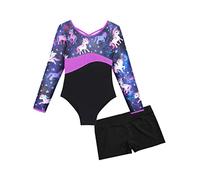 MSemis Kids Girls Metallic Printed Ballet Dance Outfit Long Sleeve Gymanstics Jumpsuit with Shorts Set Pegasus Star 5-6 Years