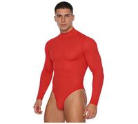 MSemis Mens Performance Long Sleeve Compression Bodysuit High Neck Leotard For Yoga Workout Red L
