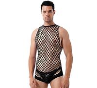 MSemis Men's Sexy Fishnet See Through Tanks Leotard Muscle Workout Bodysuit Jumpsuit Nightwear Black One Size