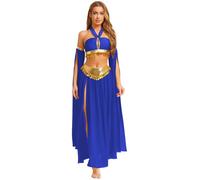 MSemis Princess Costume Womens Belly Dance Dress Sequins Bra Tops Side Slit Chiffon Skirt & Removable Armband Blue M
