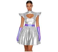 MSemis Space Metallic Outfits Halloween Robot Alien Costume Party Cutout Fancy Dress with Metallic Gloves Silver S