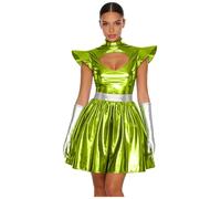 MSemis Space Metallic Outfits Halloween Robot Alien Costume Party Cutout Fancy Dress with Metallic Gloves Green S