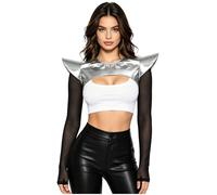 MSemis Women Metallic Shiny Crop Top Shoulder Wrap Medieval Punk Armor Full Sleeves Shawl Accessory Silver L