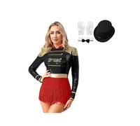 MSemis Women Sequins Ringmaster Costume Circus Ring Leader Outfit Tassel Master Lion Tamer Bodysuit 4-Piece Black XXL