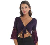 MSemis Women's Flare Sleeve Tassel Shrug Tie Top Open Front Belly Dance Bolero Shrug Cardigan Dark Purple L