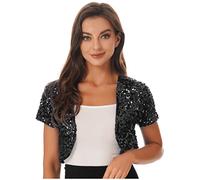 MSemis Women's Shiny Sequin Blazer Open Front Short Sleeve Jacket Crop Top Clubwear Black One Size