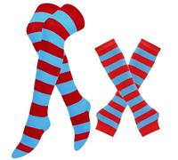 MSEVNRY Womens Striped Rainbow Knee High Socks Long Knitted Arm Warmers Fingerless Gloves Set Halloween Christmas Costume Blue Red
