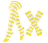 MSEVNRY Womens Striped Rainbow Knee High Socks Long Knitted Arm Warmers Fingerless Gloves Set Halloween Christmas Costume Yellow White