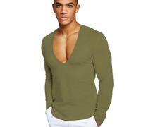 MSEVRNY Men's Deep V Neck Slim Fit Shirts Long Sleeve Muscle Stretch T-Shirt Lightweight Basic Low Cut Undershirts Tee Tops Oliver M