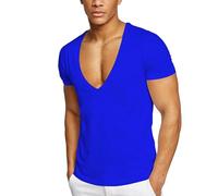 MSEVRNY Men's Deep V Neck T Shirt Stretch Muscle Gym Workout Short Sleeve Tee Shirt Slim Fit Low Cut Tank Tops Blue L