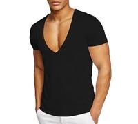 MSEVRNY Men's Deep V Neck T Shirt Stretch Muscle Gym Workout Short Sleeve Tee Shirt Slim Fit Low Cut Tank Tops Black L