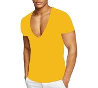 MSEVRNY Men's Deep V Neck T Shirt Stretch Muscle Gym Workout Short Sleeve Tee Shirt Slim Fit Low Cut Tank Tops Yellow L