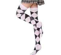 MSEVRNY Womens Thigh High Argyle Socks Novelty Over the Knee High Socks Cosplay Warm Dress Long Tube Stockings Leg Warmer Grey/White