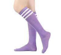 MSEVRNY Women's Thigh High Socks Knee High Socks Sports Athletic Running Long Tube Socks with Triple Stripes Casual Stockings Lightpurple/White