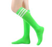 MSEVRNY Women's Thigh High Socks Knee High Socks Sports Athletic Running Long Tube Socks with Triple Stripes Casual Stockings Neongreen/White