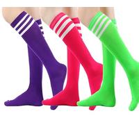 MSEVRNY Women's Thigh High Socks Knee High Socks Sports Athletic Running Long Tube Socks with Triple Stripes Casual Stockings 3pairs No16Purple/Rose/Green