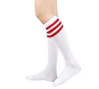 MSEVRNY Women's Thigh High Socks Knee High Socks Sports Athletic Running Long Tube Socks with Triple Stripes Casual Stockings White/Red