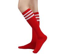 MSEVRNY Women's Thigh High Socks Knee High Socks Sports Athletic Running Long Tube Socks with Triple Stripes Casual Stockings Red/White