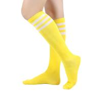 MSEVRNY Women's Thigh High Socks Knee High Socks Sports Athletic Running Long Tube Socks with Triple Stripes Casual Stockings Yellow/White