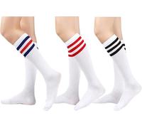 MSEVRNY Women's Thigh High Socks Knee High Socks Sports Athletic Running Long Tube Socks with Triple Stripes Casual Stockings 3pairs No3White/White/Whiteblack