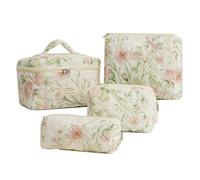 MSGHER Floral Quilted 4-Piece Makeup Bag Set Large Capacity Cosmetic Organizer Handbag Travel Pouch & Storage Bags for Women, Beige, Casual