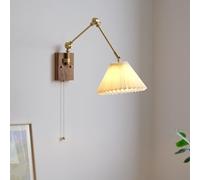 MSGIRVLZL Copper Swing Arm Wall Sconce with Pleated Fabric Shade, Woodene, Wall-Mounted Above the Bed, Reading Lamp with Pull Chain, Vintage Wall Sconce for Bedroom