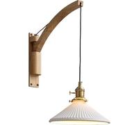 MSGIRVLZL Swivel Arm Wall Reading Lamps for Bedroom, Adjustable Vintage Wooden Arm, Mid-Century Wall Sconce with Ribbed Milk Glass, Wired Farmhouse Wall Lamp/Pleated Shade