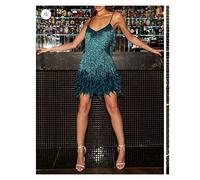 Msharn Women's Feather Fringe Sequin Spaghetti Strap Dress,Sexy Deep V-Neck Bodycon Dress Party Dancewear (Color : Green, Size : M)