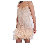 Msharn Women's Feather Fringe Sequin Spaghetti Strap Dress,Sexy Deep V-Neck Bodycon Dress Party Dancewear (Color : Gold, Size : M)